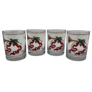 Set/6 Vintage DOF French Horns Low Ball Double Old Fashioned Christmas Glasses